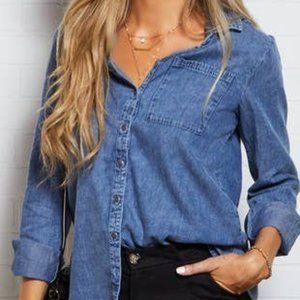 DENIM CHAMBRAY BUTTON UP LONG SLEEVE TOP